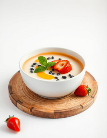 strawberry and black bean milk soup in bowl on white backgroundの写真素材