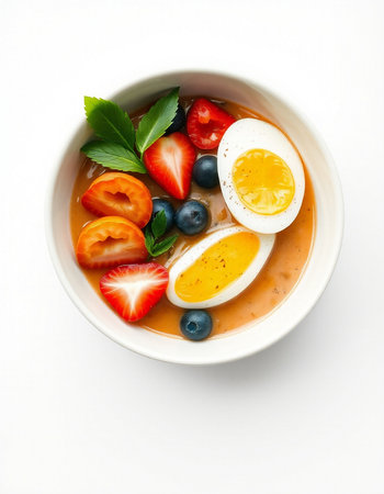 Tomato soup with strawberries, blueberries and egg on white background