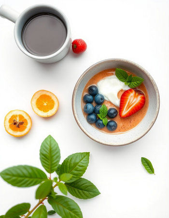Healthy breakfast bowl with yogurt, strawberries, blueberries and oranges on white backgroundの写真素材