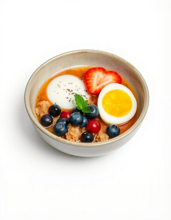 Bowl of oatmeal porridge with berries and eggs isolated on white backgroundの写真素材