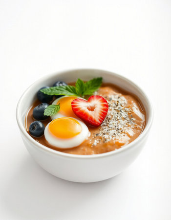 Healthy breakfast bowl with oatmeal, blueberry, strawberry and eggの写真素材