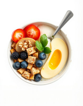 Healthy breakfast with oatmeal, berries and eggs.の写真素材