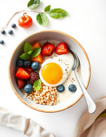Healthy breakfast bowl with berries and egg on white background