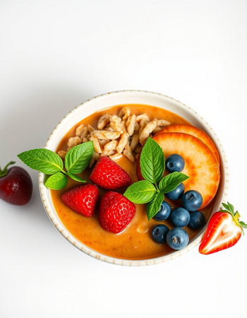 Oatmeal with berries and nuts in a bowl on a white background