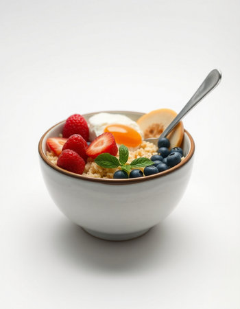 bowl of oatmeal with berries and egg on white backgroundの写真素材