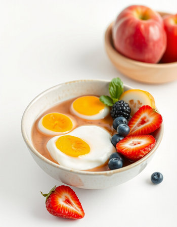 Yogurt with fresh berries and egg in bowl on white backgroundの写真素材