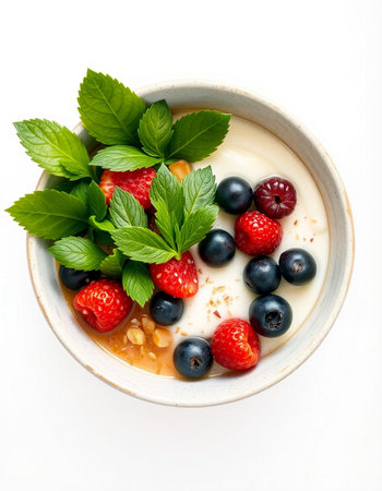 Bowl of yoghurt with berries and mint isolated on whiteの写真素材