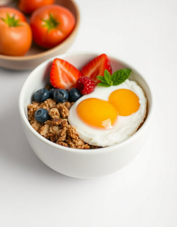 Breakfast with oatmeal, berries and egg in a bowl on white backgroundの写真素材