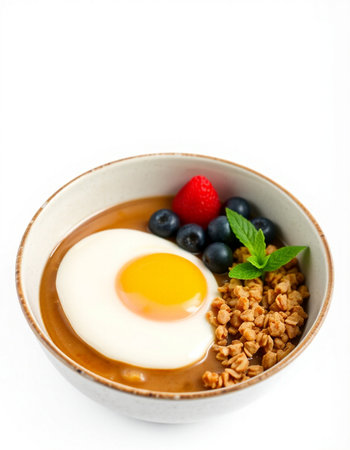 Yogurt with granola and egg in a bowl isolated on white background