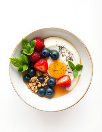 Greek yogurt with fresh berries and granola in bowl, isolated on white