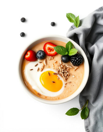 Bowl of oatmeal porridge with berries and egg on white backgroundの写真素材