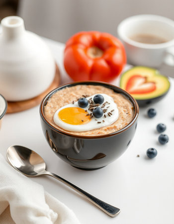 Oatmeal porridge with egg and blueberries served in a bowl. Healthy breakfast.