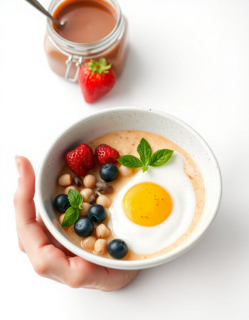 Healthy breakfast with oatmeal, berries and egg in female hand