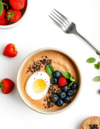 Healthy breakfast bowl with omelet, berries and chocolate on white background