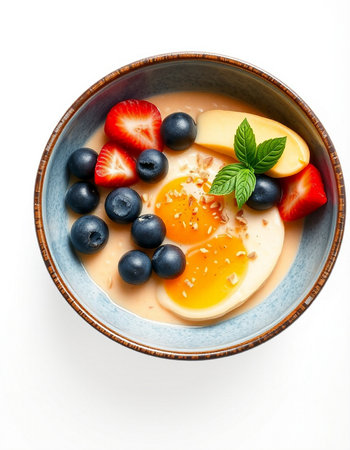 bowl of oat porridge with fruits and berries isolated on white backgroundの写真素材