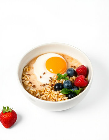 Oatmeal porridge with fresh berries and fried egg on white background