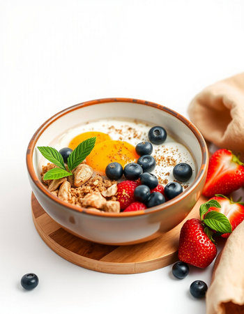 Healthy breakfast with yogurt, berries and granola on white background