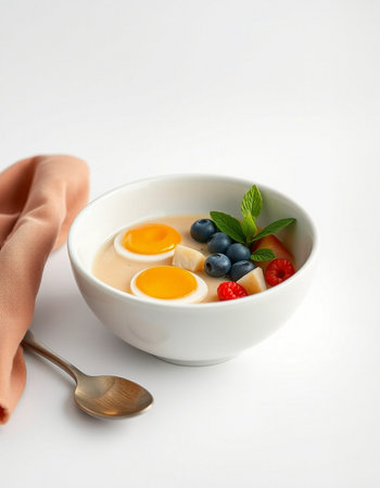 yogurt with fresh berries in a bowl on a white backgroundの写真素材