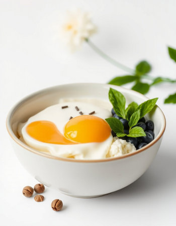 Fried egg with blueberries and mint in a bowl on a white backgroundの写真素材