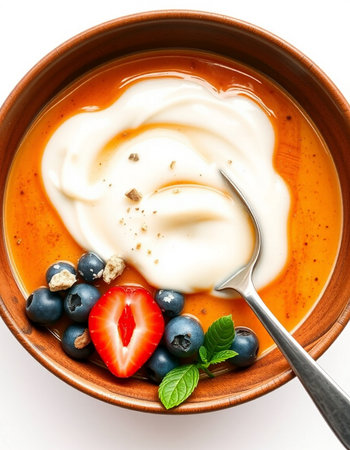 Yogurt with blueberries and strawberries in a bowlの写真素材