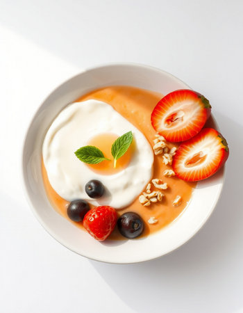 Greek yogurt with fresh berries and granola on a white background.