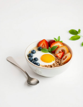 Healthy breakfast with muesli and berries on white background.の写真素材
