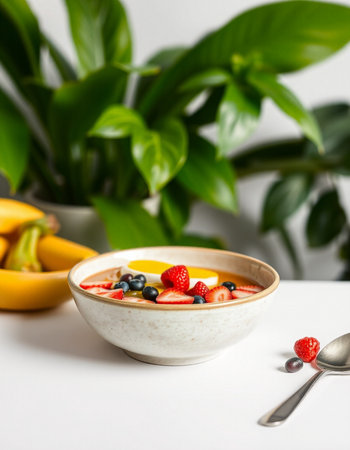 Healthy breakfast bowl with oatmeal, berries and fruits on white tableの写真素材