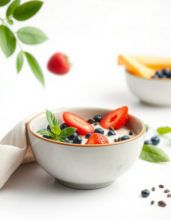 Healthy breakfast with yogurt, berries and mint on a white backgroundの写真素材
