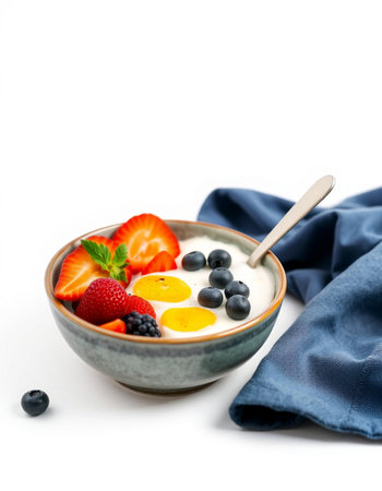 Healthy breakfast with yogurt, fresh berries and eggs isolated on white backgroundの写真素材