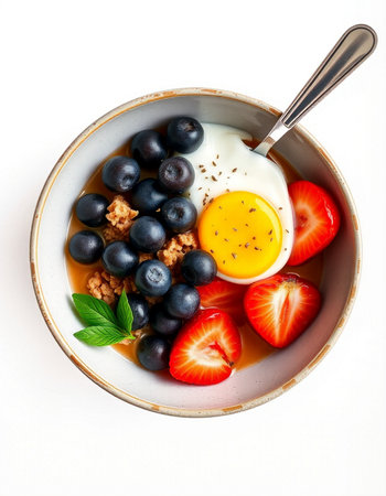 Healthy breakfast bowl with oatmeal, berries, eggs and milk.の写真素材