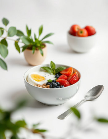 Healthy breakfast. Oatmeal with strawberries, blueberries and mint in a bowl on a white background.の写真素材