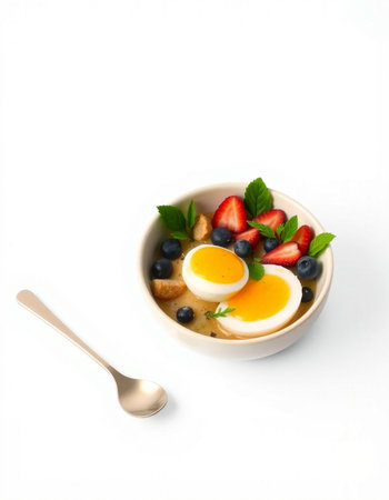 Healthy breakfast with oatmeal, blueberries, strawberries and eggs