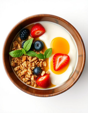 Yogurt with granola and fresh berries in wooden bowl on white backgroundの写真素材