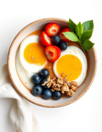 Yogurt with strawberries and blueberries in a bowl