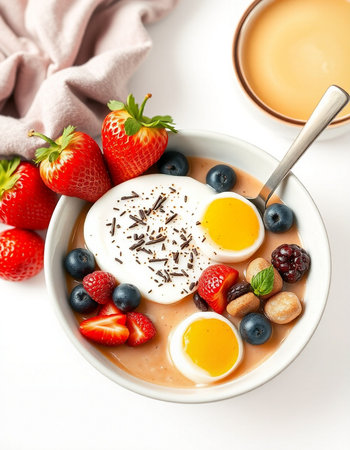 Healthy breakfast bowl with fresh berries and eggs on white background