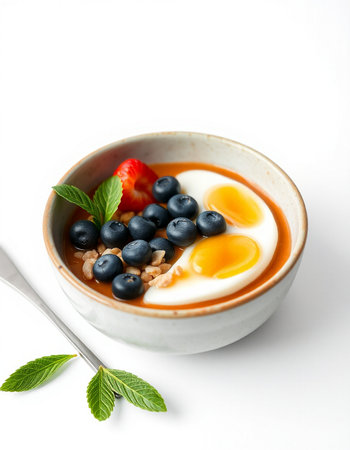 Healthy breakfast - oatmeal with berries and egg in a bowl