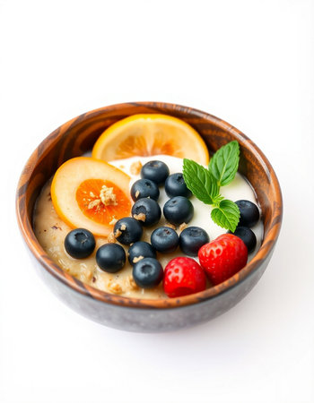 Oatmeal porridge with fresh berries in wooden bowl isolated on white background
