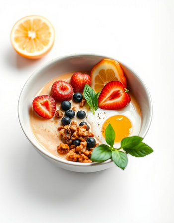 Healthy breakfast bowl with granola, yogurt and berries on white background
