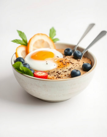 Bowl of oatmeal porridge with fried egg and blueberriesの写真素材