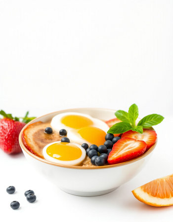 Breakfast with omelet, fresh berries and eggs on white backgroundの写真素材