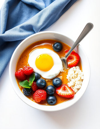 Bowl of oatmeal porridge with fresh berries and fried egg
