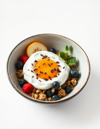 Healthy breakfast bowl with granola, egg and berries on white background