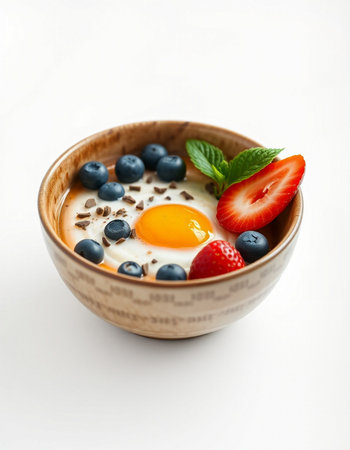 Bowl of oatmeal with fresh berries and egg on white background