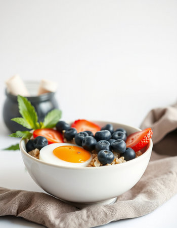 Healthy breakfast with oatmeal, fresh berries and egg on white background