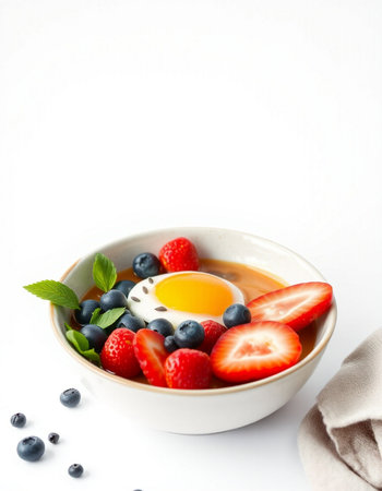 Strawberry and blueberry porridge with egg on white background.