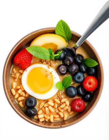 Bowl of oatmeal with berries and egg, isolated on white