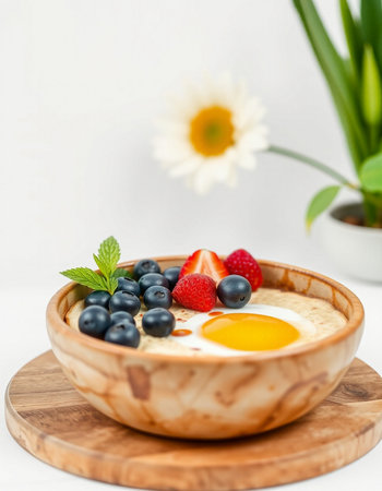 Healthy breakfast with yogurt, berries and egg in a wooden bowl