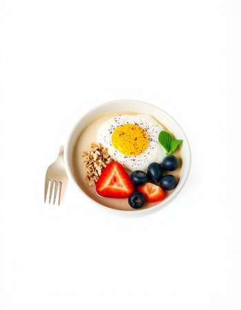Healthy breakfast with an egg and berries on a white backgroundの写真素材