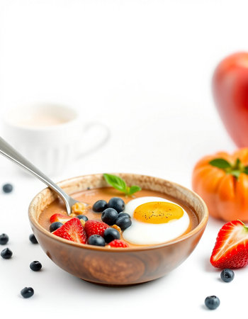 Healthy breakfast with berries and coffee on white backgroundの写真素材