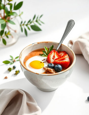 Healthy breakfast with yogurt, berries in a bowl.の写真素材